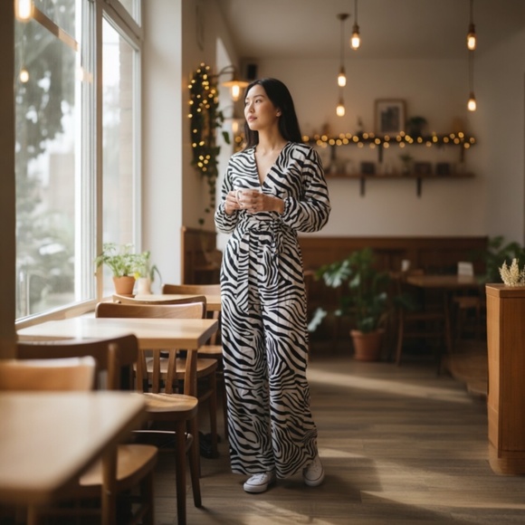S.DEER Pants - S.DEER Chic Zebra Print Wrap Jumpsuit-Long SleeveBelted V-Neck, Trendy NWT